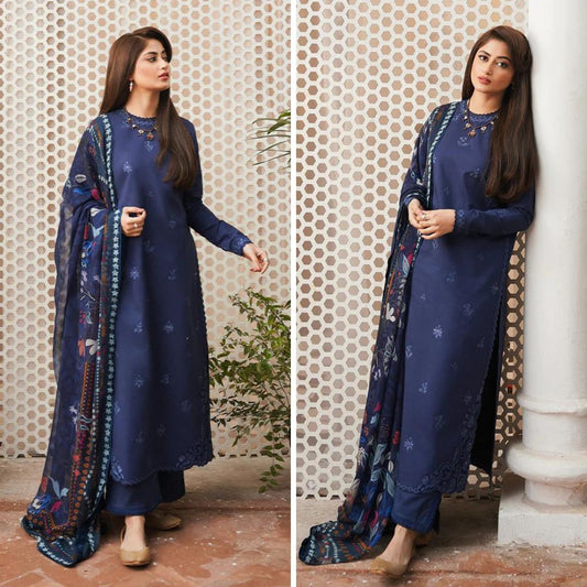 Zara shahjahan - Dhanak Fully Embroidered Blue Dress - 3 PC Unstitched