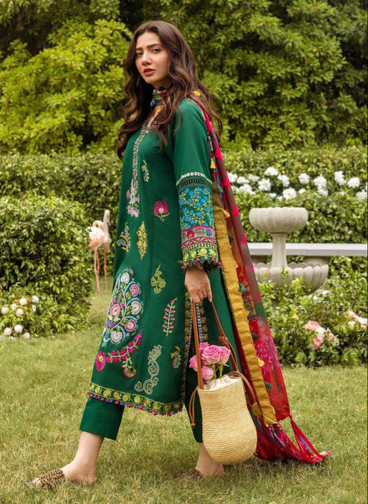 Zara Shahjahan - Dhanak Fully Embroidered Green Dress - 3 PC Unstitched